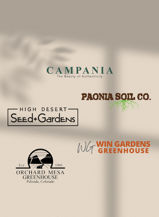 Logos of vendors for Telluride Garden Center including Campania, Orchard Mesa Greenhouse, High Desert Seed + Gardens, Paonia Soil Co., and Win Gardens Greenhouse.