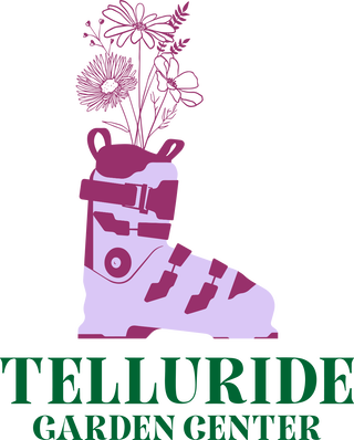 A logo of Telluride Garden Center featuring a purple ski boot with flowers growing out of it.