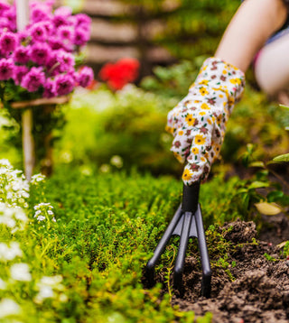 A gardener's gloved hand using a garden tool in a flower bed, tending to the plants.