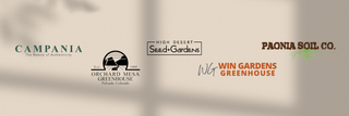 Logos of vendors for Telluride Garden Center including Campania, Orchard Mesa Greenhouse, High Desert Seed + Gardens, Paonia Soil Co., and Win Gardens Greenhouse.